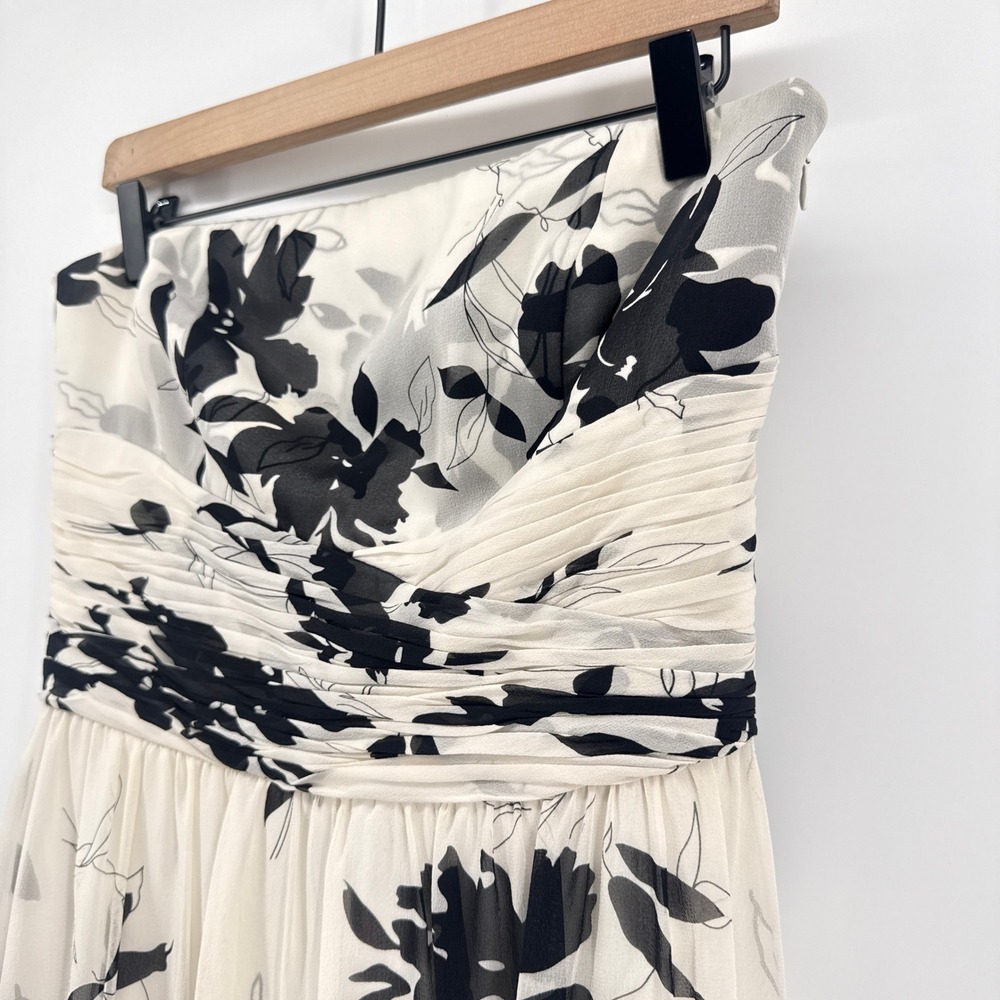 Ann Taylor 100% Silk Strapless Floral Dress 6 Ivory Black Cocktail Midi Pleated - Picture 3 of 11